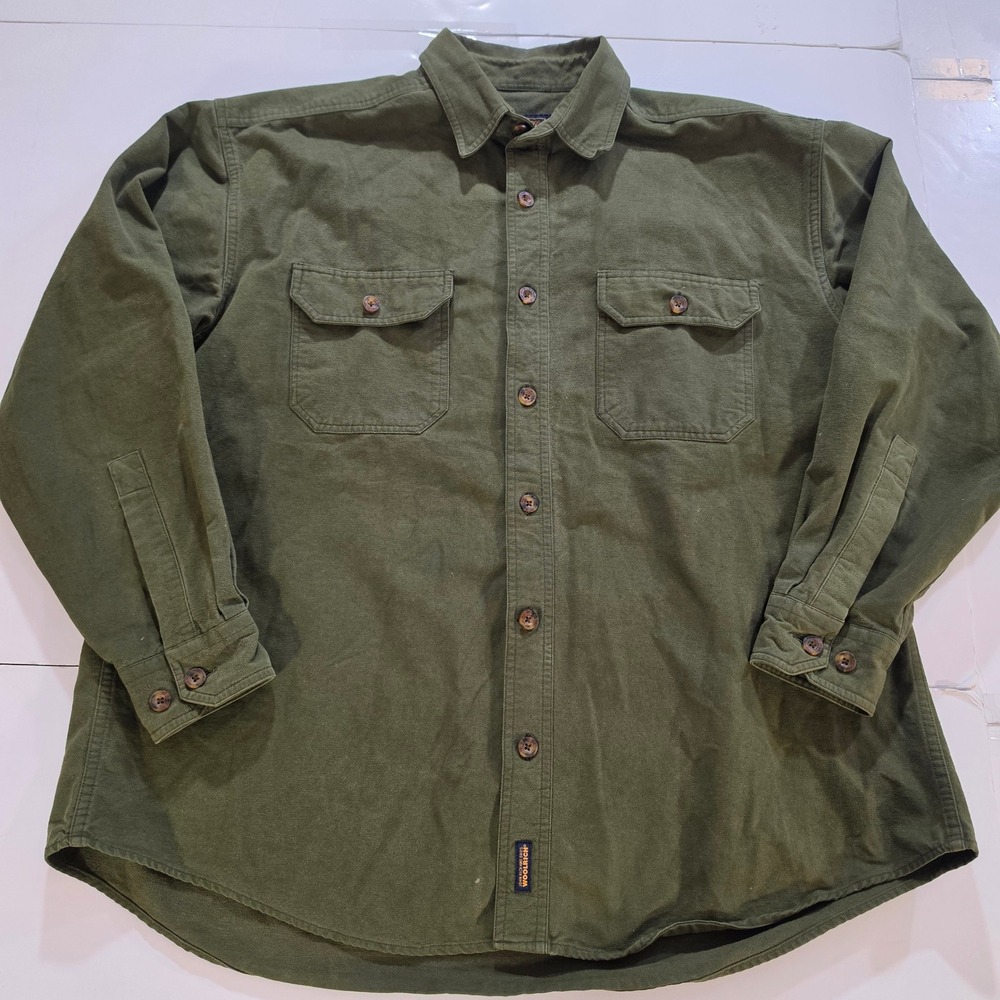 Woolrich John Rich & Bros Mens XL Olive Green Chamois Button Down Shirt Outdoor